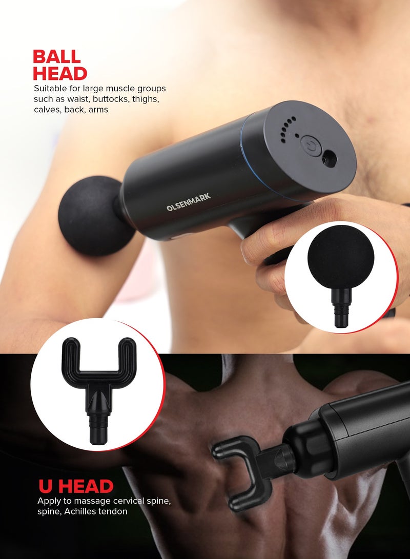 Olsenmark 6 in 1 Percussion Massager for Pain Relief, Rechargeable and Cordless Gun with an Ergonomic Grip, Massage Gun for full body with Detachable Head, 2 year warranty