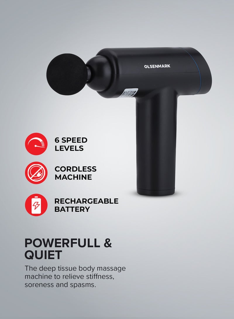 Olsenmark 6 in 1 Percussion Massager for Pain Relief, Rechargeable and Cordless Gun with an Ergonomic Grip, Massage Gun for full body with Detachable Head, 2 year warranty