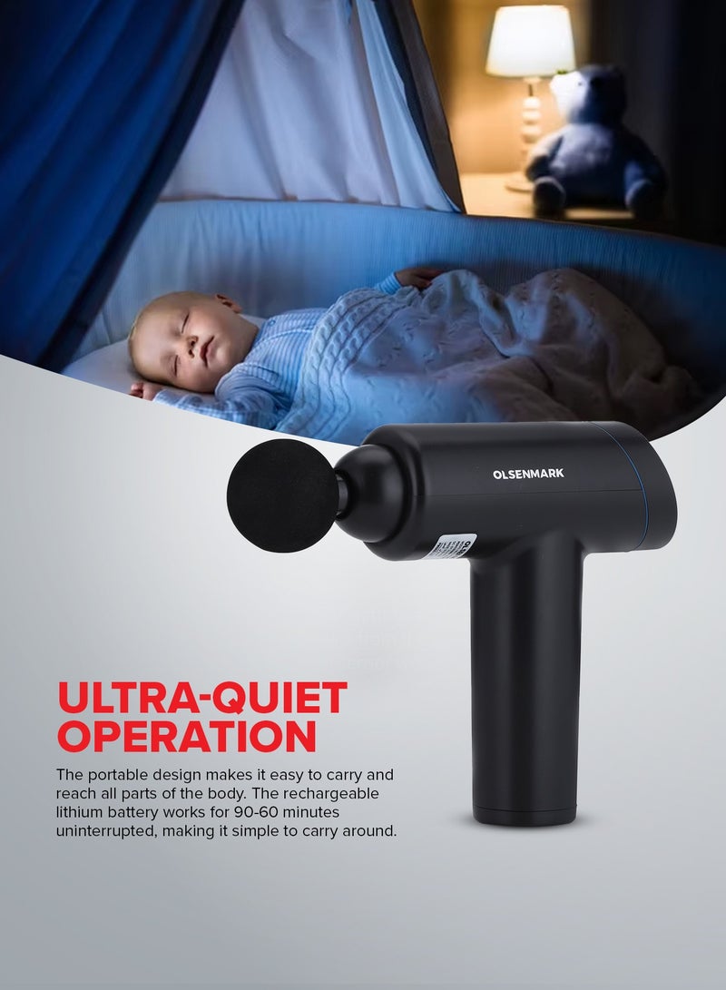 Olsenmark 6 in 1 Percussion Massager for Pain Relief, Rechargeable and Cordless Gun with an Ergonomic Grip, Massage Gun for full body with Detachable Head, 2 year warranty