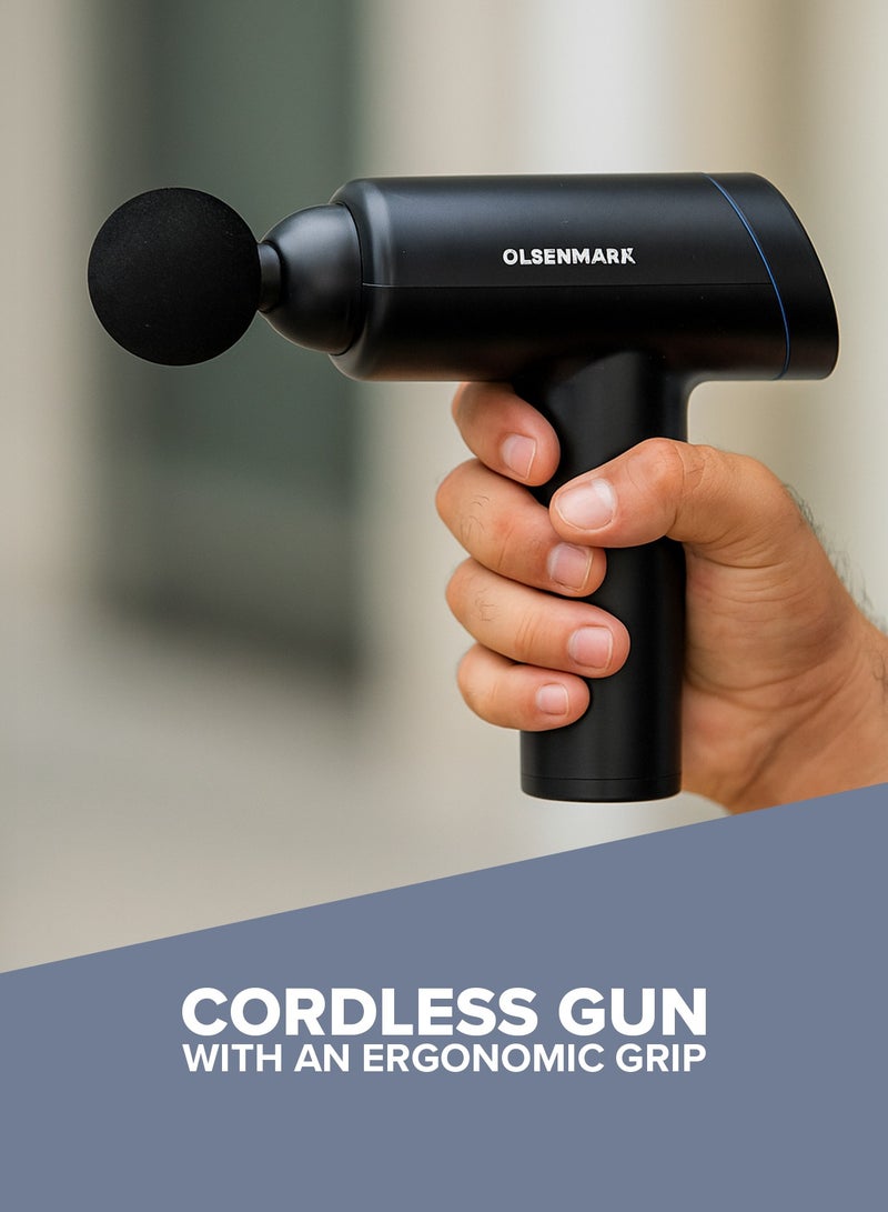 Olsenmark 6 in 1 Percussion Massager for Pain Relief, Rechargeable and Cordless Gun with an Ergonomic Grip, Massage Gun for full body with Detachable Head, 2 year warranty