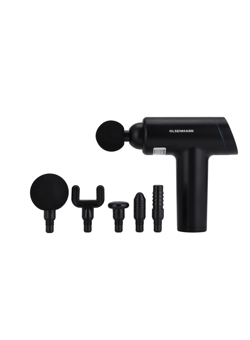 Olsenmark 6 in 1 Percussion Massager for Pain Relief, Rechargeable and Cordless Gun with an Ergonomic Grip, Massage Gun for full body with Detachable Head, 2 year warranty