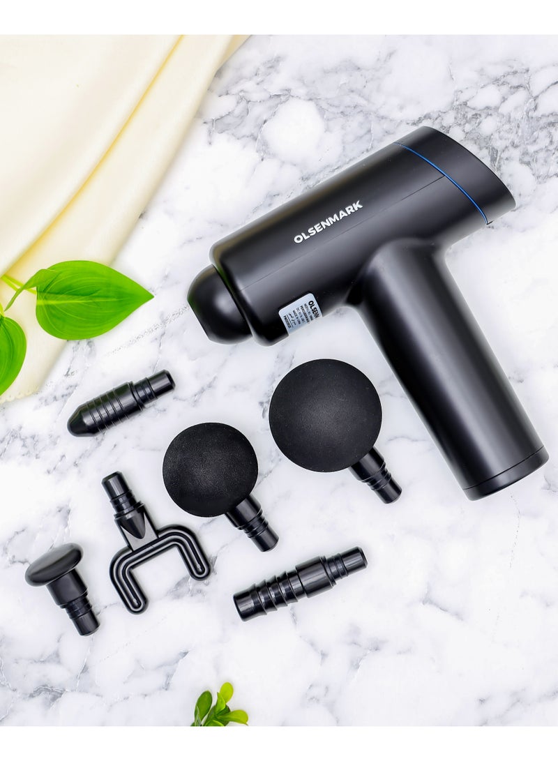 Olsenmark 6 in 1 Percussion Massager for Pain Relief, Rechargeable and Cordless Gun with an Ergonomic Grip, Massage Gun for full body with Detachable Head, 2 year warranty