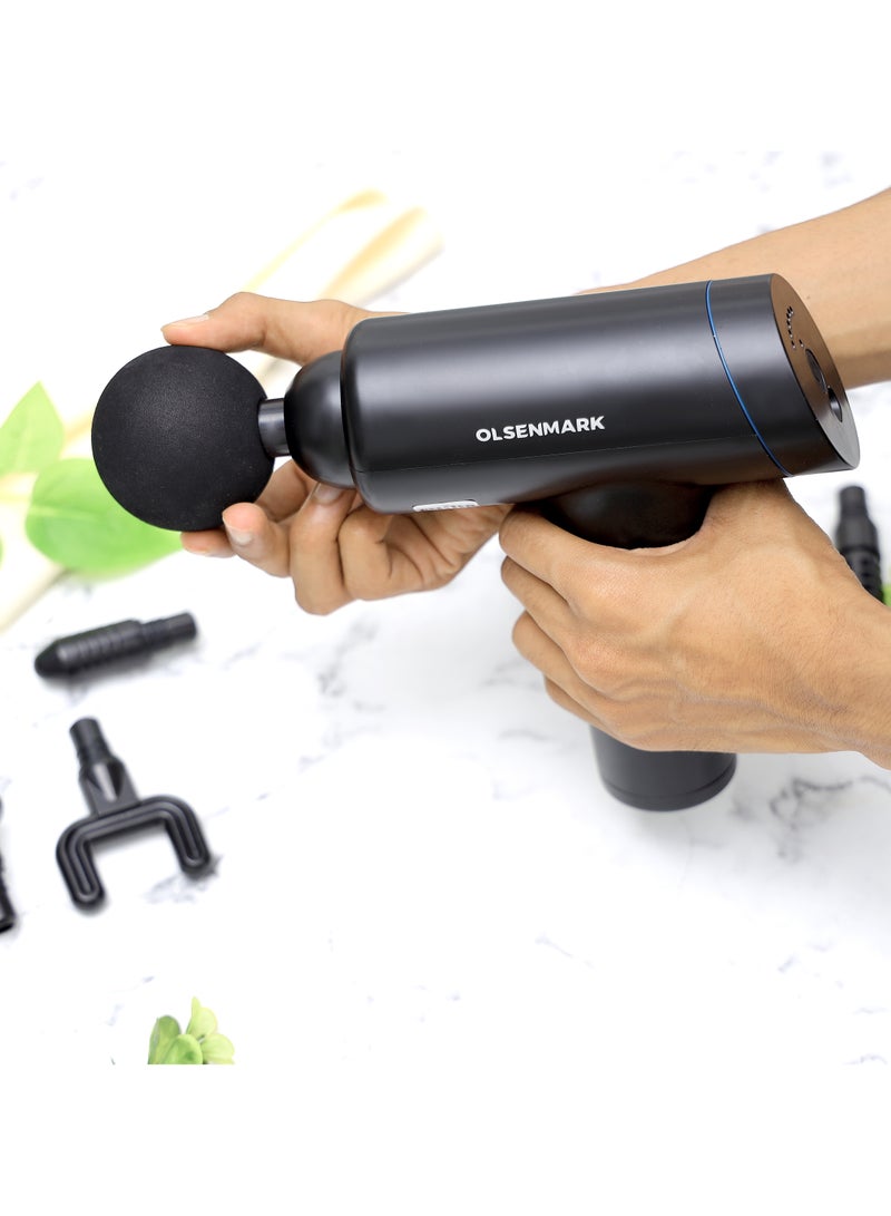 Olsenmark 6 in 1 Percussion Massager for Pain Relief, Rechargeable and Cordless Gun with an Ergonomic Grip, Massage Gun for full body with Detachable Head, 2 year warranty