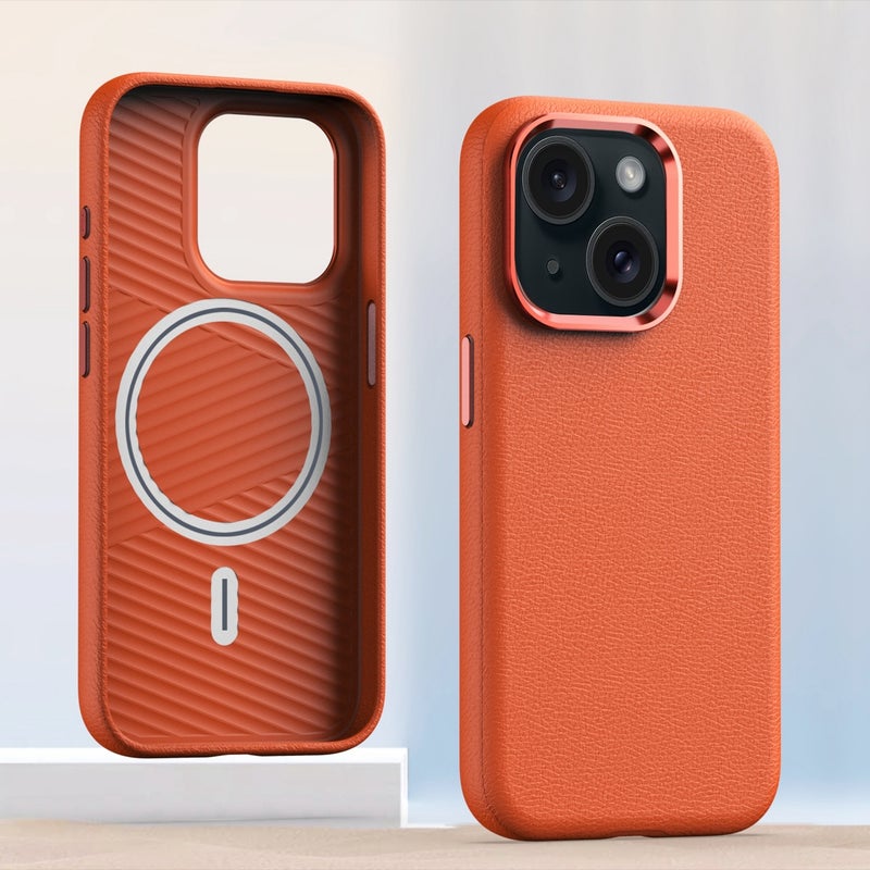 HuHa Case Cover For iPhone 15 Plus Metal Lens Frame Leather Magsafe Full Coverage Shockproof Phone Case(Orange) - Image 1
