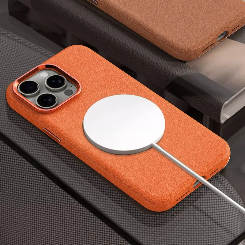 HuHa Case Cover For iPhone 15 Plus Metal Lens Frame Leather Magsafe Full Coverage Shockproof Phone Case(Orange) - Image 2