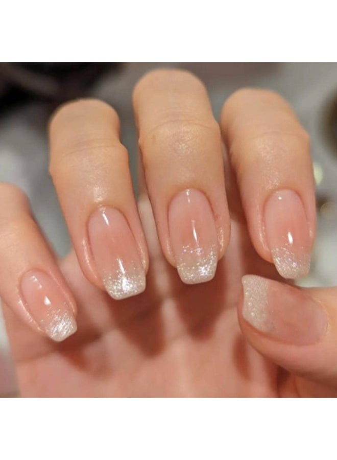 خاجول 24 قطعة أظافر لاصقة قصيرة جاهزة، أظافر قصيرة لاصقة لامعة بلون وردي فاتح مع برقائق فضية، مجموعة أظافر صناعية للنساء تتضمن غراء وأدوات، للمناسبات والاستخدام اليومي - Image 1