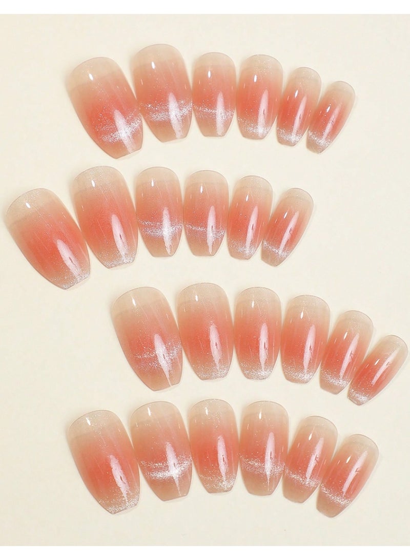 خاجول 24 قطعة أظافر لاصقة قصيرة جاهزة، أظافر قصيرة لاصقة لامعة بلون وردي فاتح مع برقائق فضية، مجموعة أظافر صناعية للنساء تتضمن غراء وأدوات، للمناسبات والاستخدام اليومي - Image 2