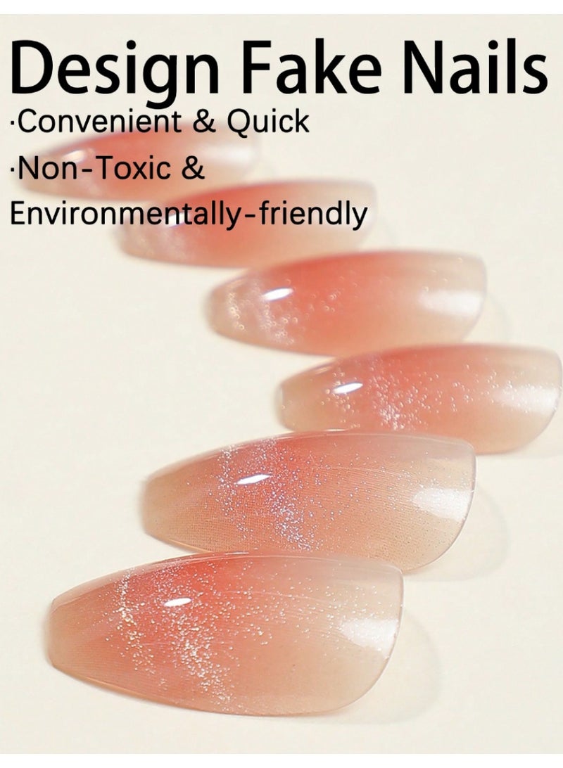 خاجول 24 قطعة أظافر لاصقة قصيرة جاهزة، أظافر قصيرة لاصقة لامعة بلون وردي فاتح مع برقائق فضية، مجموعة أظافر صناعية للنساء تتضمن غراء وأدوات، للمناسبات والاستخدام اليومي - Image 3