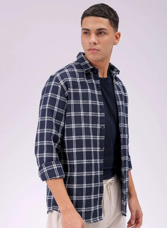 شركة المرآب الهندية Men Regular Fit Checkered Full Sleeves Cutaway Collar Resort Wear Shirt