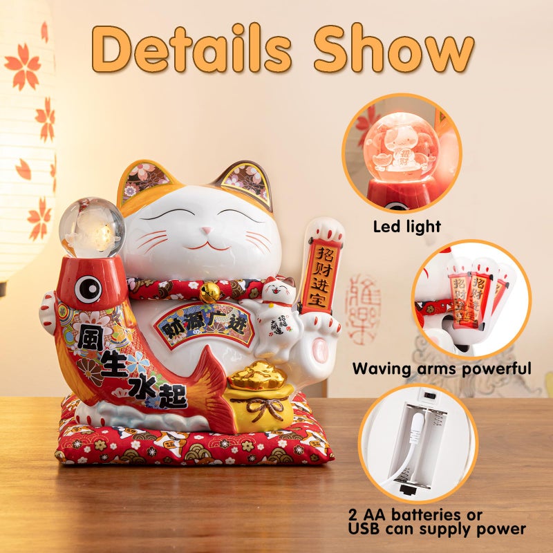 HANTHES Large Chinese Ceramic Lucky Cat Japanese Maneki Neko Fortune Cat Statue Lucky Cat Waving Arm Feng Shui Decor for Home/Office/Shop/Restaurant for Wealth & Good Luck - Image 4