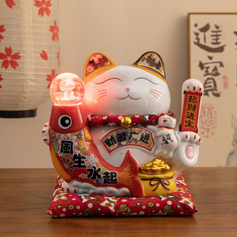 HANTHES Large Chinese Ceramic Lucky Cat Japanese Maneki Neko Fortune Cat Statue Lucky Cat Waving Arm Feng Shui Decor for Home/Office/Shop/Restaurant for Wealth & Good Luck - Image 2
