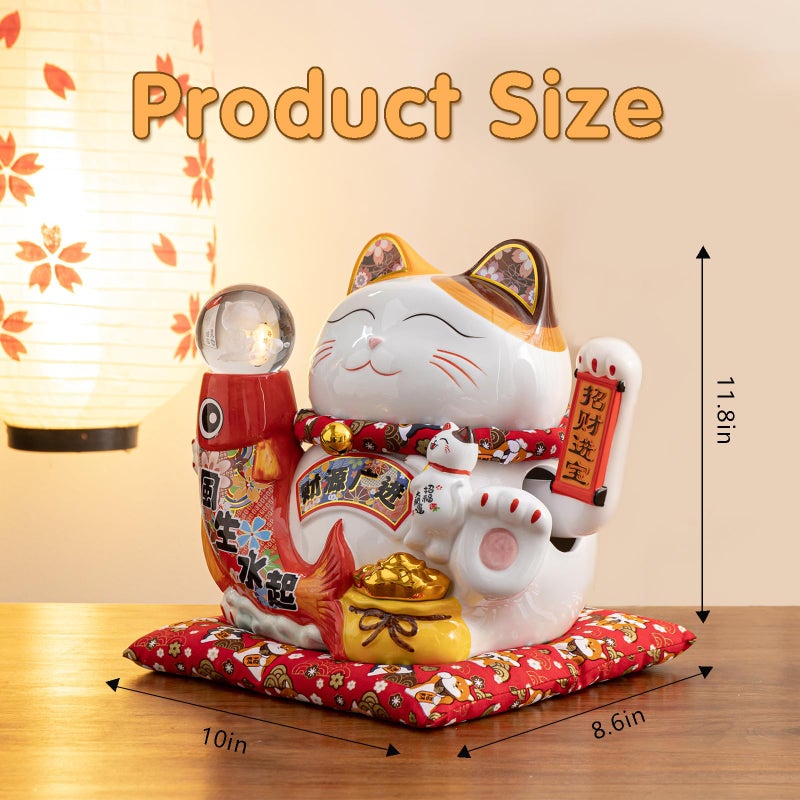 HANTHES Large Chinese Ceramic Lucky Cat Japanese Maneki Neko Fortune Cat Statue Lucky Cat Waving Arm Feng Shui Decor for Home/Office/Shop/Restaurant for Wealth & Good Luck - Image 3