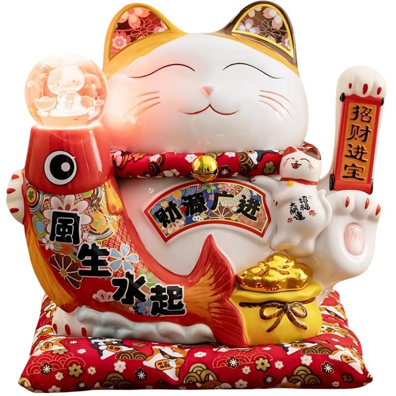 HANTHES Large Chinese Ceramic Lucky Cat Japanese Maneki Neko Fortune Cat Statue Lucky Cat Waving Arm Feng Shui Decor for Home/Office/Shop/Restaurant for Wealth & Good Luck - Image 1