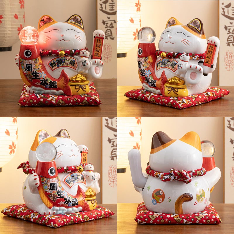 HANTHES Large Chinese Ceramic Lucky Cat Japanese Maneki Neko Fortune Cat Statue Lucky Cat Waving Arm Feng Shui Decor for Home/Office/Shop/Restaurant for Wealth & Good Luck - Image 5
