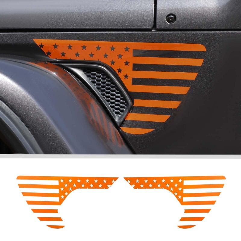 Side Fender Vent Sticker US Flag Decals Vinyl Sticker Compatible with Jeep Wrangler JL JLU Gladiator JT 4xe 20252018 2pcsOrange