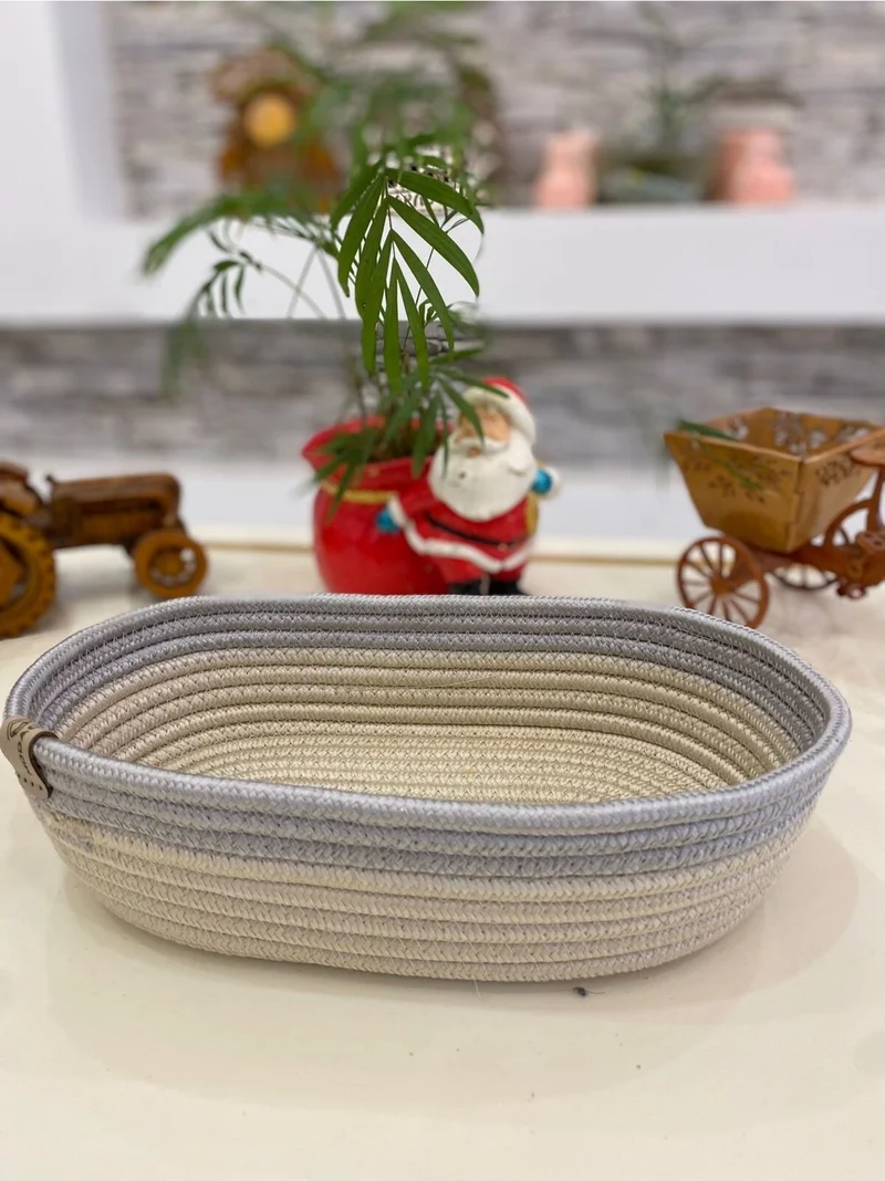 بدز ديري Bdz Leather Jute Wicker Basket Double Color Organizer Bread Fruit Basket