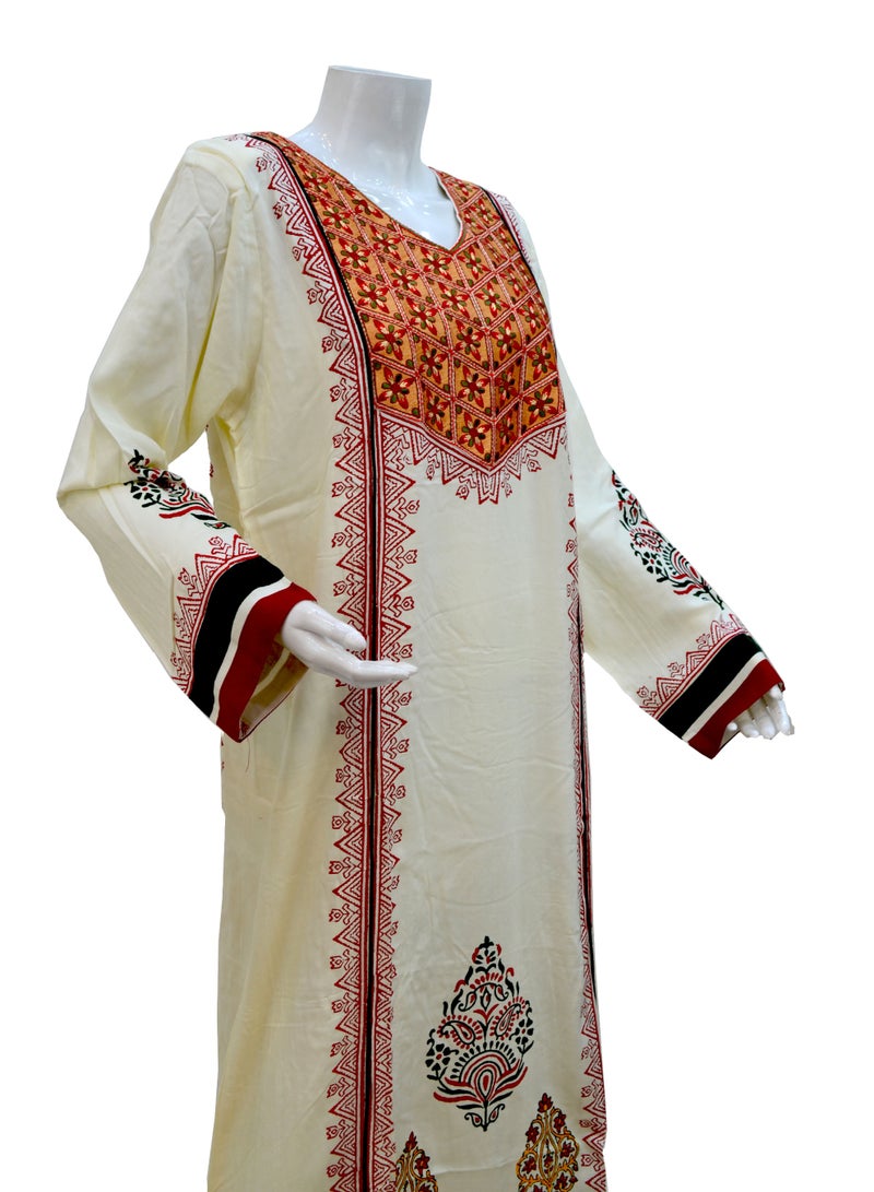 زينة فستان ماكسي قطني مريح وأنيق - جلابية نسائية بياقة دائرية مغلقة (Jewel Neck) - تطريز فاخر على الصدر وطباعة كاملة - Image 2