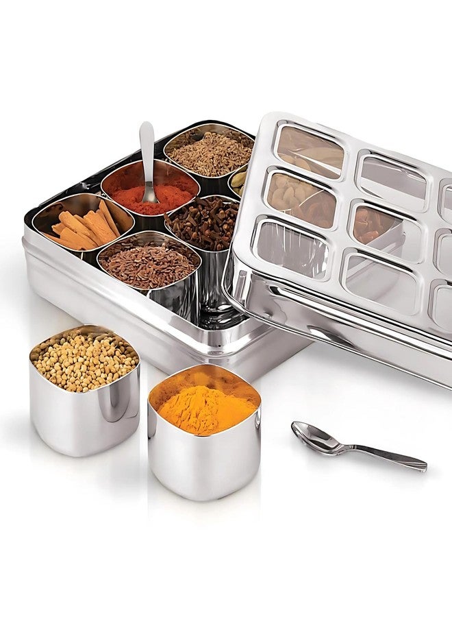 GALOOF Stainless Steel 9 In 1 Square Masala Box | Spice Box Organizer With 9 Removable Compartment | Big Size Dry Fruit Box (9-IN-1) - Image 1