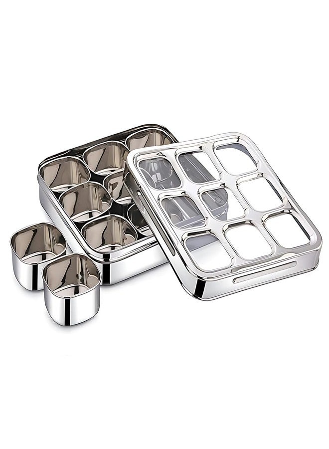 GALOOF Stainless Steel 9 In 1 Square Masala Box | Spice Box Organizer With 9 Removable Compartment | Big Size Dry Fruit Box (9-IN-1) - Image 2