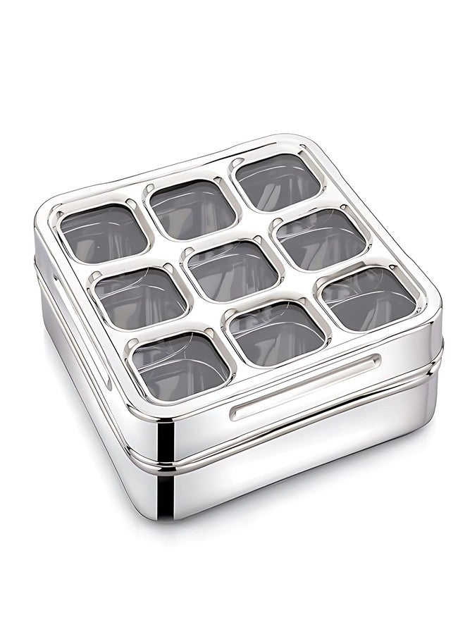 GALOOF Stainless Steel 9 In 1 Square Masala Box | Spice Box Organizer With 9 Removable Compartment | Big Size Dry Fruit Box (9-IN-1) - Image 5