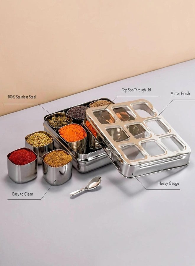 GALOOF Stainless Steel 9 In 1 Square Masala Box | Spice Box Organizer With 9 Removable Compartment | Big Size Dry Fruit Box (9-IN-1) - Image 4