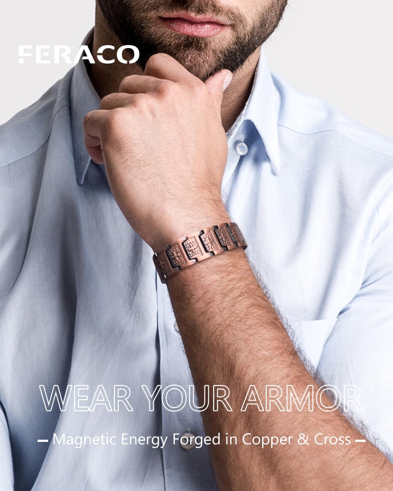 Feraco Copper Cross Bracelet for Men,Magnetic Therapy Cooper Christian Bracelets with 46 Magnets, Men's 99.99% Pure Copper Jewelry - Image 2