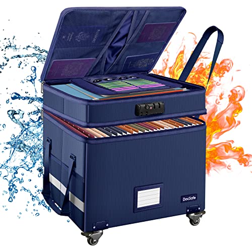 DocSafe File Box with Lock 2Layer Fireproof Document Box with WheelsCollapsible File Storage Organizer with PocketsLarge Portable Office Filing Cabinet Hanging FoldersBlue16x138x122