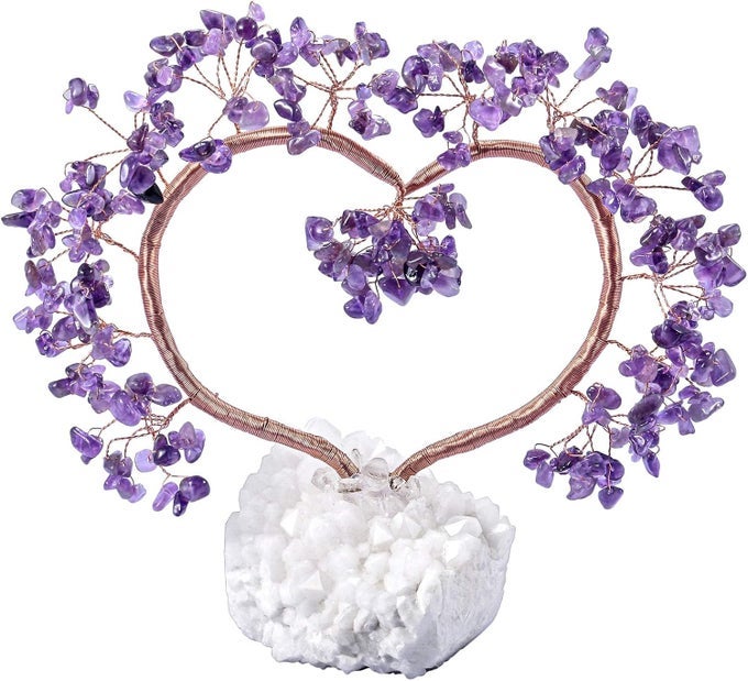 Rockcloud Handmade Love Heart Shape Crystal Money Tree with Natural Rock Quartz Geode Base for Wedding Home Office Decor for Wealth and Luck, Amethyst