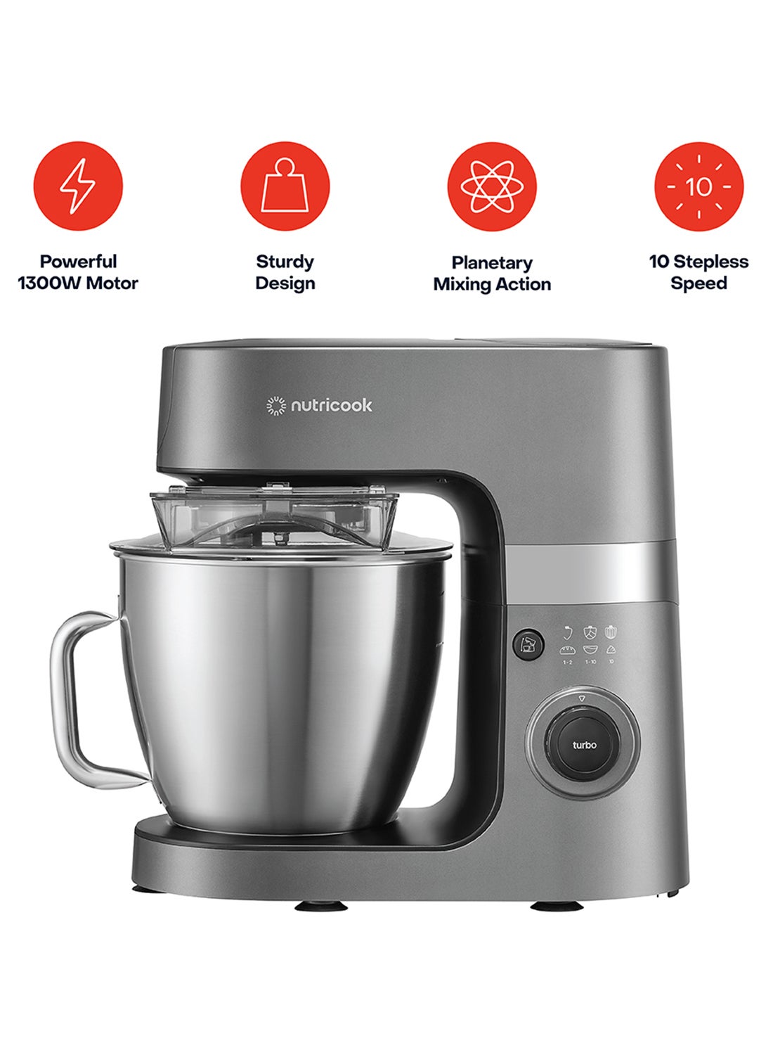 Stand Mixer – 6.3L Stainless Steel Bowl, 10 Stepless Variable Speeds, Planetary Mixing Action, Sturdy Base, SS Whisk And Ceramic-Coated Hook And Beater for Heavy Doughs, 2-Year Warranty 6.3 L 1300 W NC-SM330 Grey