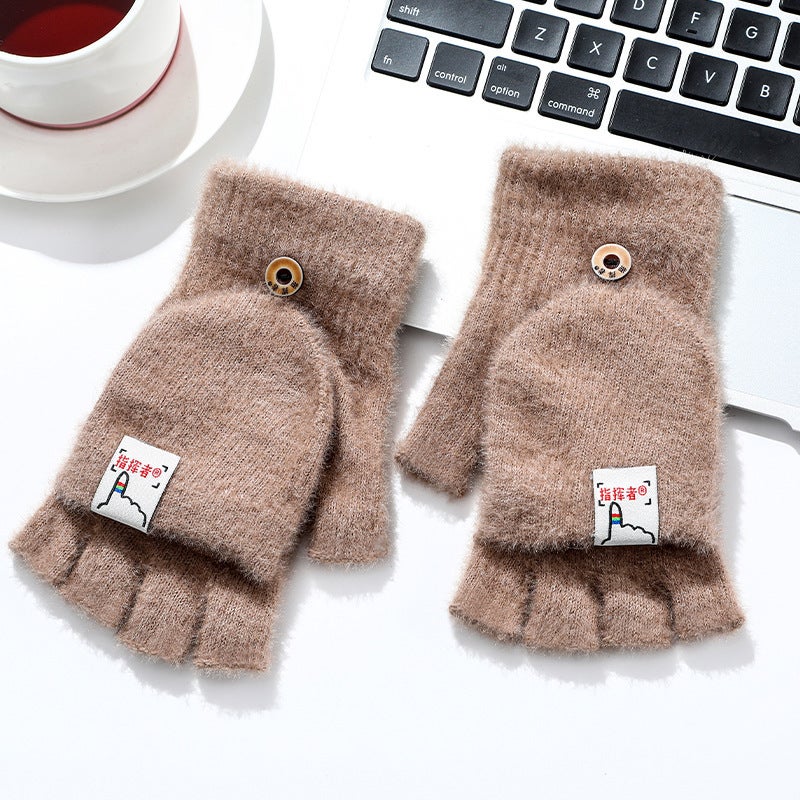New Autumn-Winter Plush Thickened Knitted Gloves for Men and Women Camel 