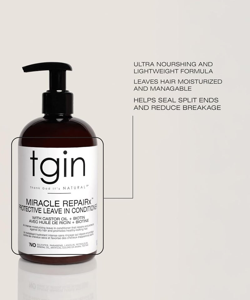TGIN Miracle RepaiRx Protective Leave-In Conditioner with Biotin & Black Castor Oil – 13 oz – Repairs Damaged Hair & Reduces Breakage - Image 2
