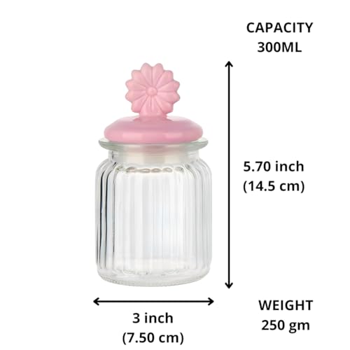 MUAC Decorative Glass Storage Jars with Ceramic Floral Airtight Lids For Storing Spices, Honey, Sugar, Chocolate, Candy, Sweets 300ml, Set of 3 Pcs, Pastel Colors - Image 3