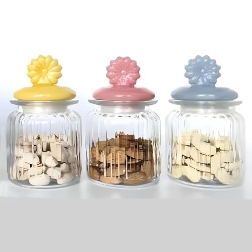 MUAC Decorative Glass Storage Jars with Ceramic Floral Airtight Lids For Storing Spices, Honey, Sugar, Chocolate, Candy, Sweets 300ml, Set of 3 Pcs, Pastel Colors - Image 1