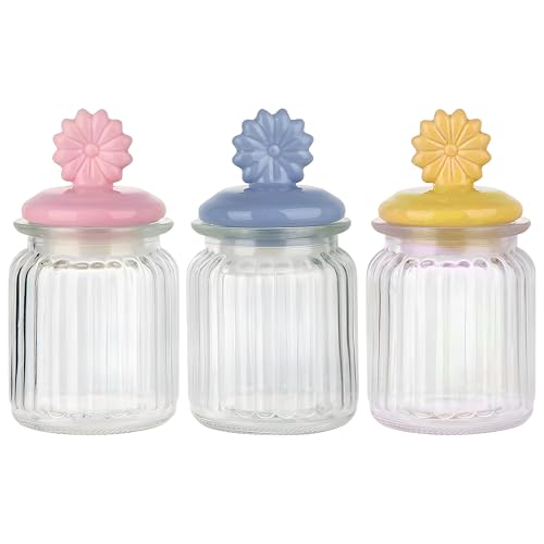 MUAC Decorative Glass Storage Jars with Ceramic Floral Airtight Lids For Storing Spices, Honey, Sugar, Chocolate, Candy, Sweets 300ml, Set of 3 Pcs, Pastel Colors - Image 2