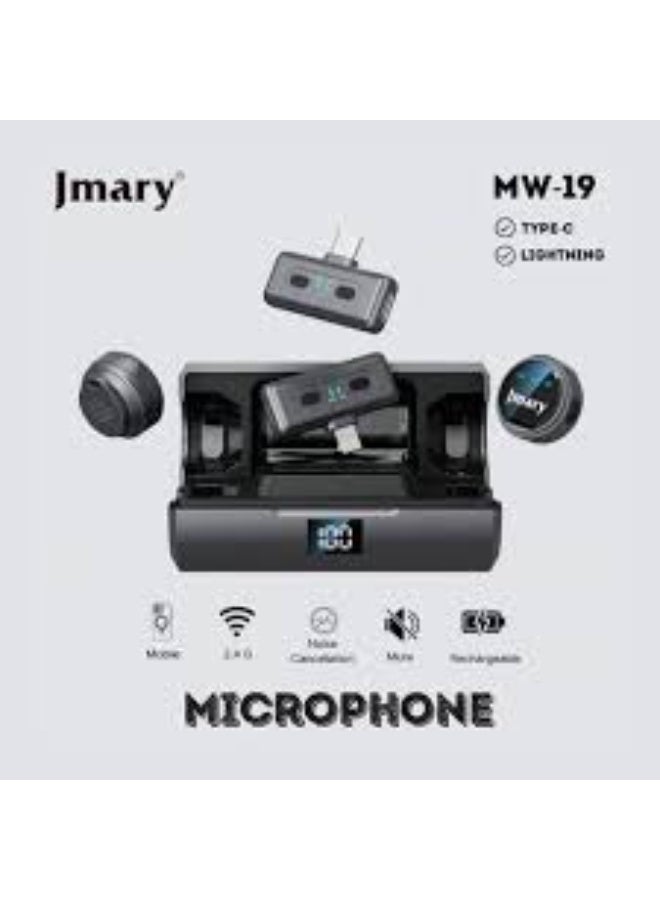 Jmary MW-19 Wireless Microphone 2-in-1 system offers a dual-microphone setup with universal compatibility (Type-C and Lightning - Image 2