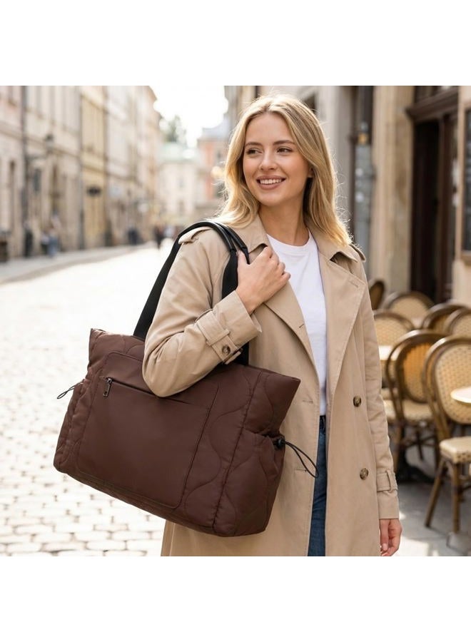 Minsong Tote Bag Purse for Women Shoulder Bag, Lightweight Puffer Work Laptop Bag, Large Carry On Travel Tote with Pockets (Coffee) - Image 3