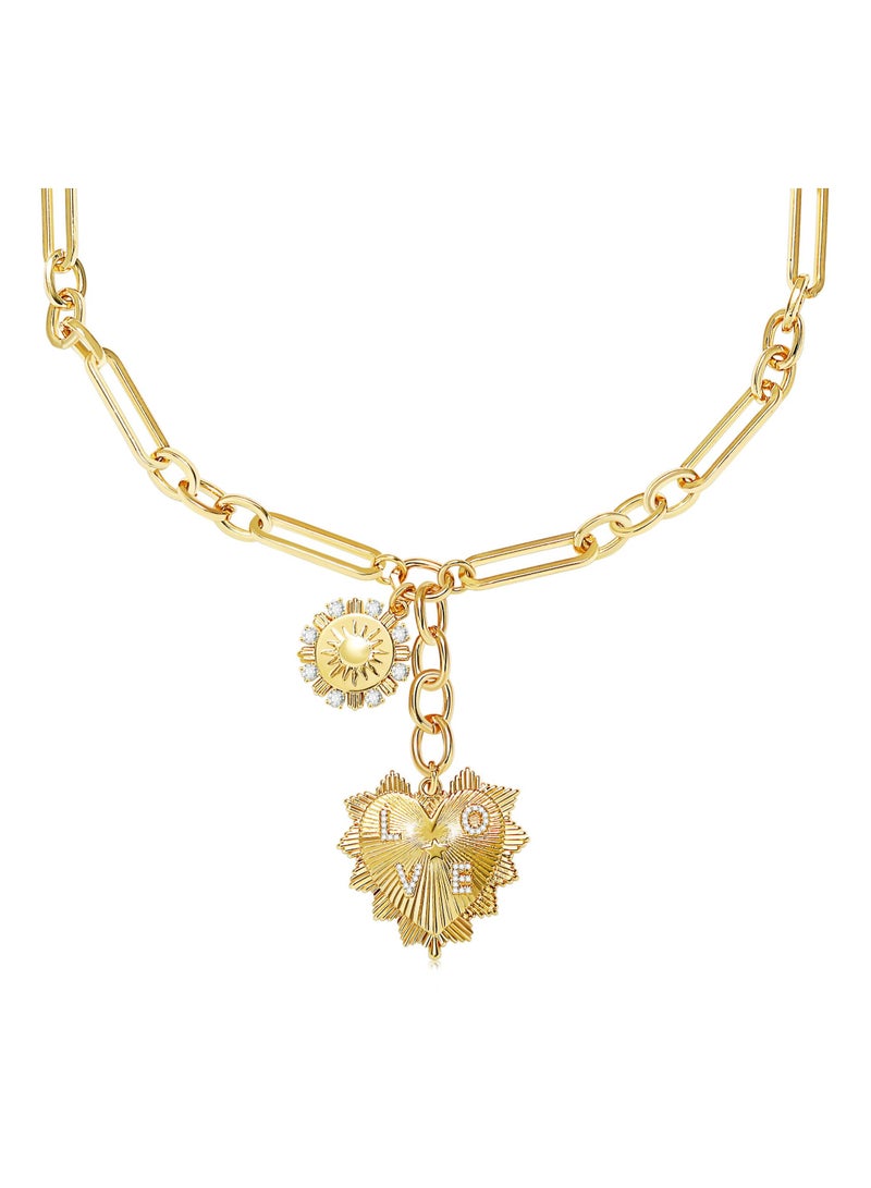 SYOSI قلادة للنساء، مجوهرات عصرية، سحر قلب الحب والشمس، سلسلة ورقية سميكة للنساء، قلادة باندول زهرة الشمس مطلية بالذهب عيار 18 قيراط، مجوهرات هيب هوب، هدايا لها - Image 1
