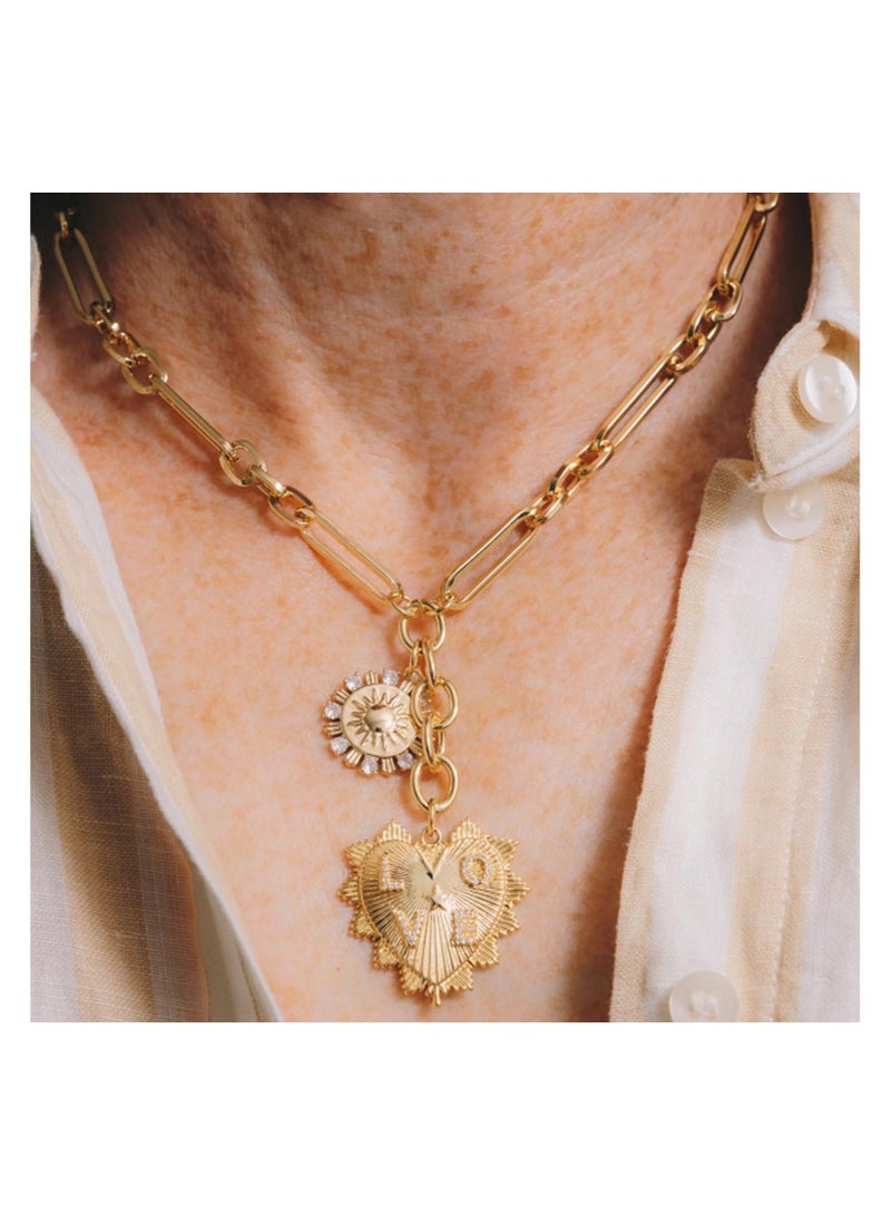 SYOSI قلادة للنساء، مجوهرات عصرية، سحر قلب الحب والشمس، سلسلة ورقية سميكة للنساء، قلادة باندول زهرة الشمس مطلية بالذهب عيار 18 قيراط، مجوهرات هيب هوب، هدايا لها - Image 2