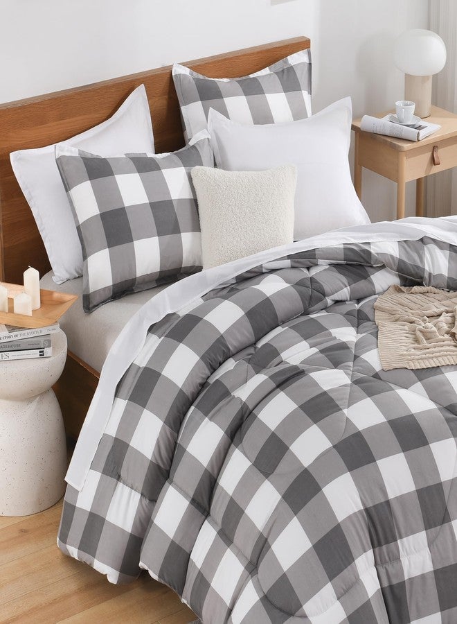 Andency Grey Queen Comforter Set, 3 Pieces Grey White Buffalo Check Plaid Bedding Comforter & Sets, Light Gray Soft Lightweight Fluffy All Season Bed Set - Image 3
