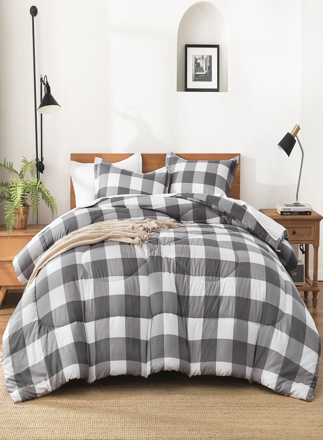 Andency Grey Queen Comforter Set, 3 Pieces Grey White Buffalo Check Plaid Bedding Comforter & Sets, Light Gray Soft Lightweight Fluffy All Season Bed Set - Image 1
