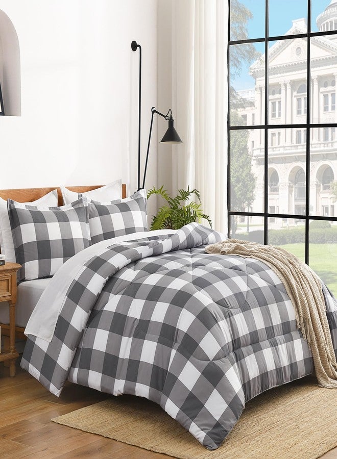 Andency Grey Queen Comforter Set, 3 Pieces Grey White Buffalo Check Plaid Bedding Comforter & Sets, Light Gray Soft Lightweight Fluffy All Season Bed Set - Image 2