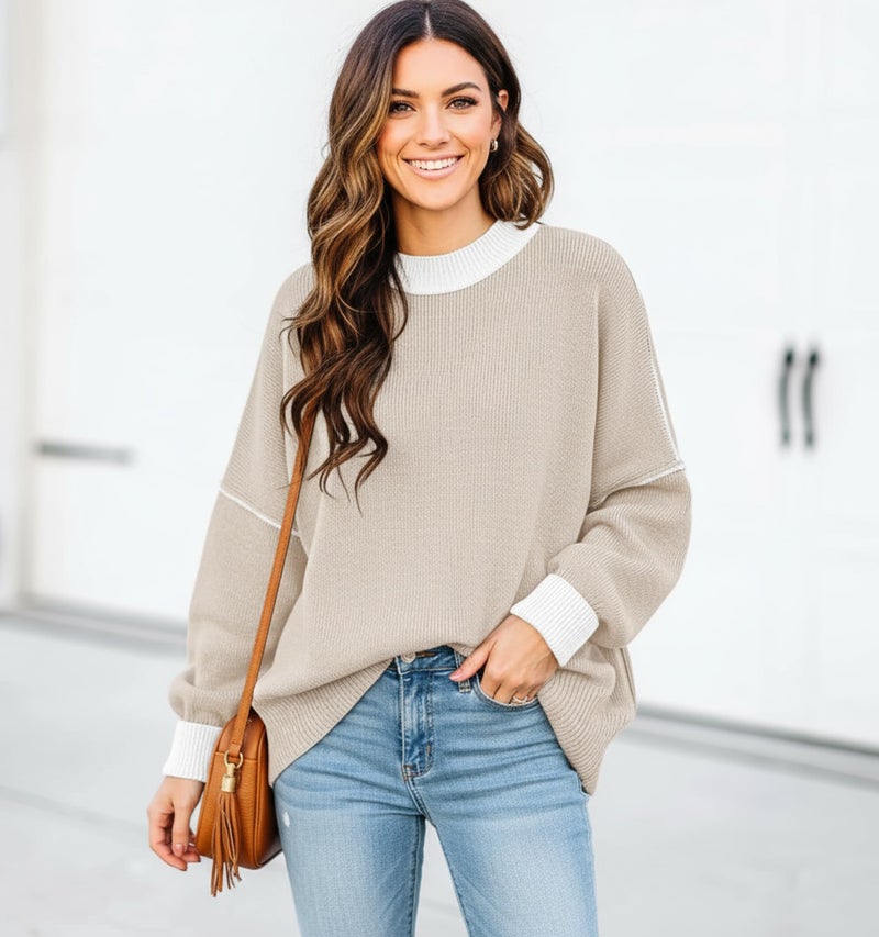 ETCYY Womens Sweaters Fall 2026 Batwing Long Sleeve Side Slit Knit Tops Crew Neck Striped Oversized Sweater Pullover,Apricot,Small - Image 3