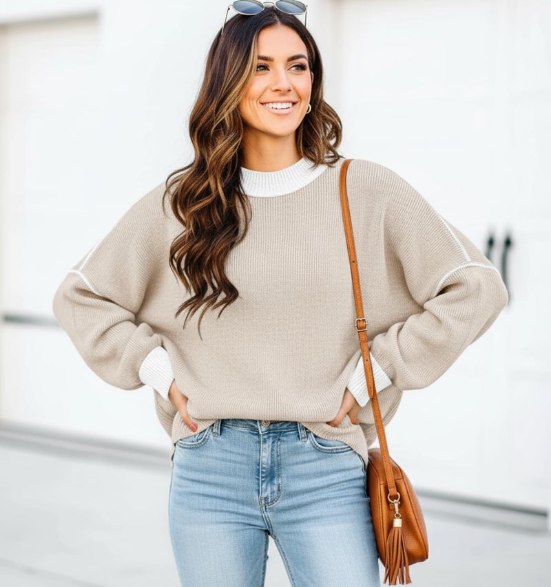 ETCYY Womens Sweaters Fall 2026 Batwing Long Sleeve Side Slit Knit Tops Crew Neck Striped Oversized Sweater Pullover,Apricot,Small - Image 4