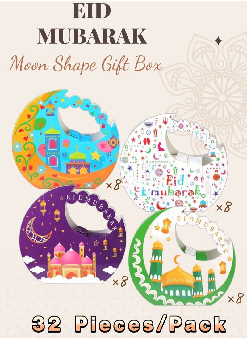 Genetic 32 Pieces Decorative Moon-Shape Paper Gift Box Eid Mubarak Candy Cookie Sweets Package Boxes Eid Party Decoration Celebration 4 Designs  - Image 1