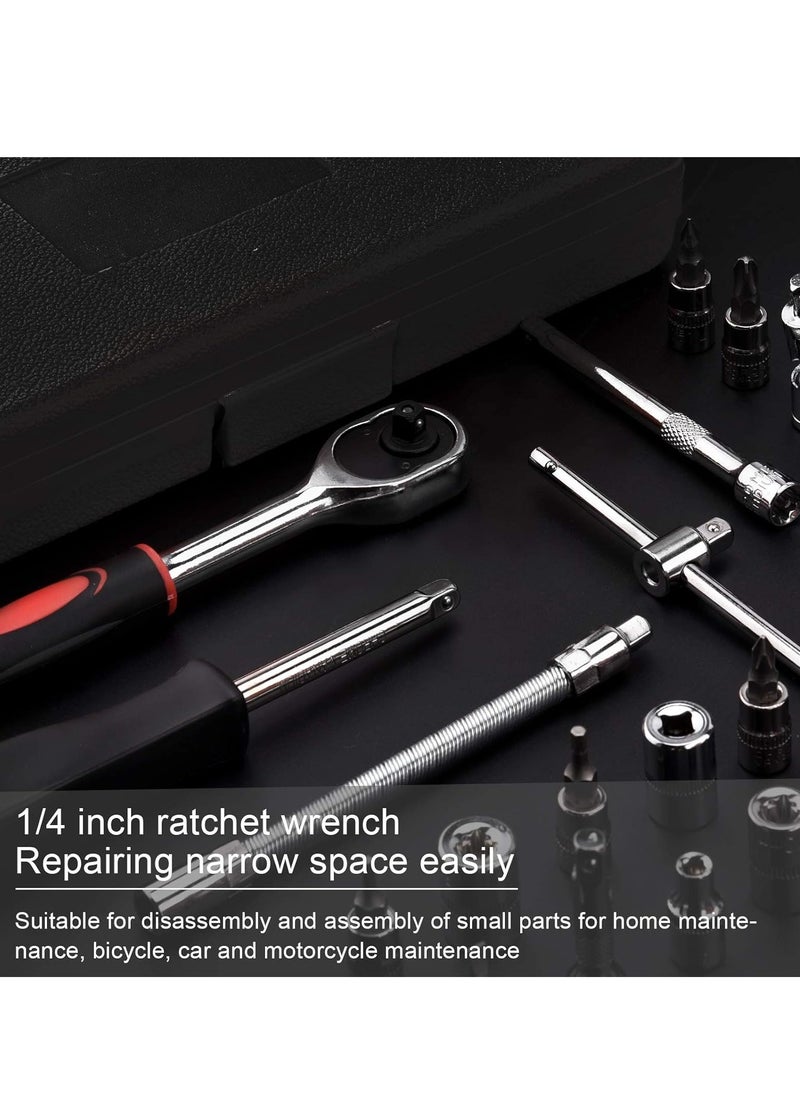 SRLIWHITE 46Pcs 1/4"" Socket Ratchet Wrench Set with Bit Socket Set, Extension Bar Gimbal Slide Bar Extension Sockets Set for Automotive Repair And Home Us (Black)  - Image 3