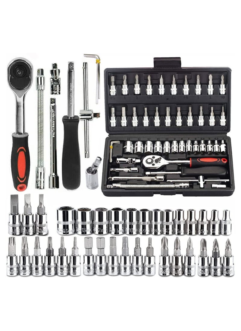 SRLIWHITE 46Pcs 1/4"" Socket Ratchet Wrench Set with Bit Socket Set, Extension Bar Gimbal Slide Bar Extension Sockets Set for Automotive Repair And Home Us (Black)  - Image 1