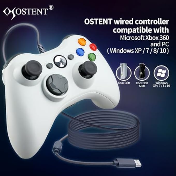 OSTENT WIRED CONTROLLER GAMEPAD FOR MICROSOFT XBOX 360 CONSOLE PC COMPUTER VIDEO GAME COLOR WHITE - Image 2
