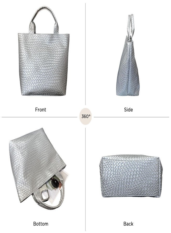 ENBEI Woven Texture Tote Bag for Women Large Waterproof Beach Bag with Zipper Pocket,Shoulder tote,Handbag for Shopping,work (Silver) - Image 4