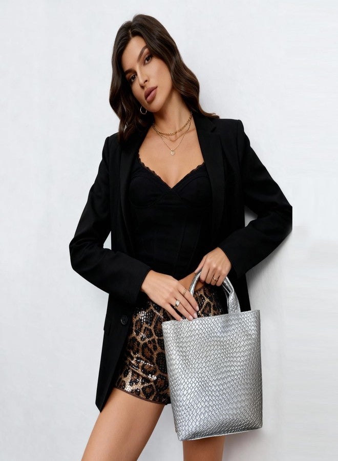 ENBEI Woven Texture Tote Bag for Women Large Waterproof Beach Bag with Zipper Pocket,Shoulder tote,Handbag for Shopping,work (Silver) - Image 3