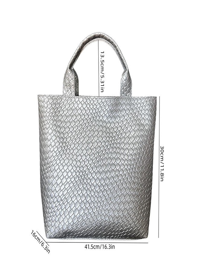 ENBEI Woven Texture Tote Bag for Women Large Waterproof Beach Bag with Zipper Pocket,Shoulder tote,Handbag for Shopping,work (Silver) - Image 5